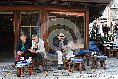 Locals enjoying in outdoor cafe of BaÅ¡ÄarÅ¡ija market Editorial Stock Photo